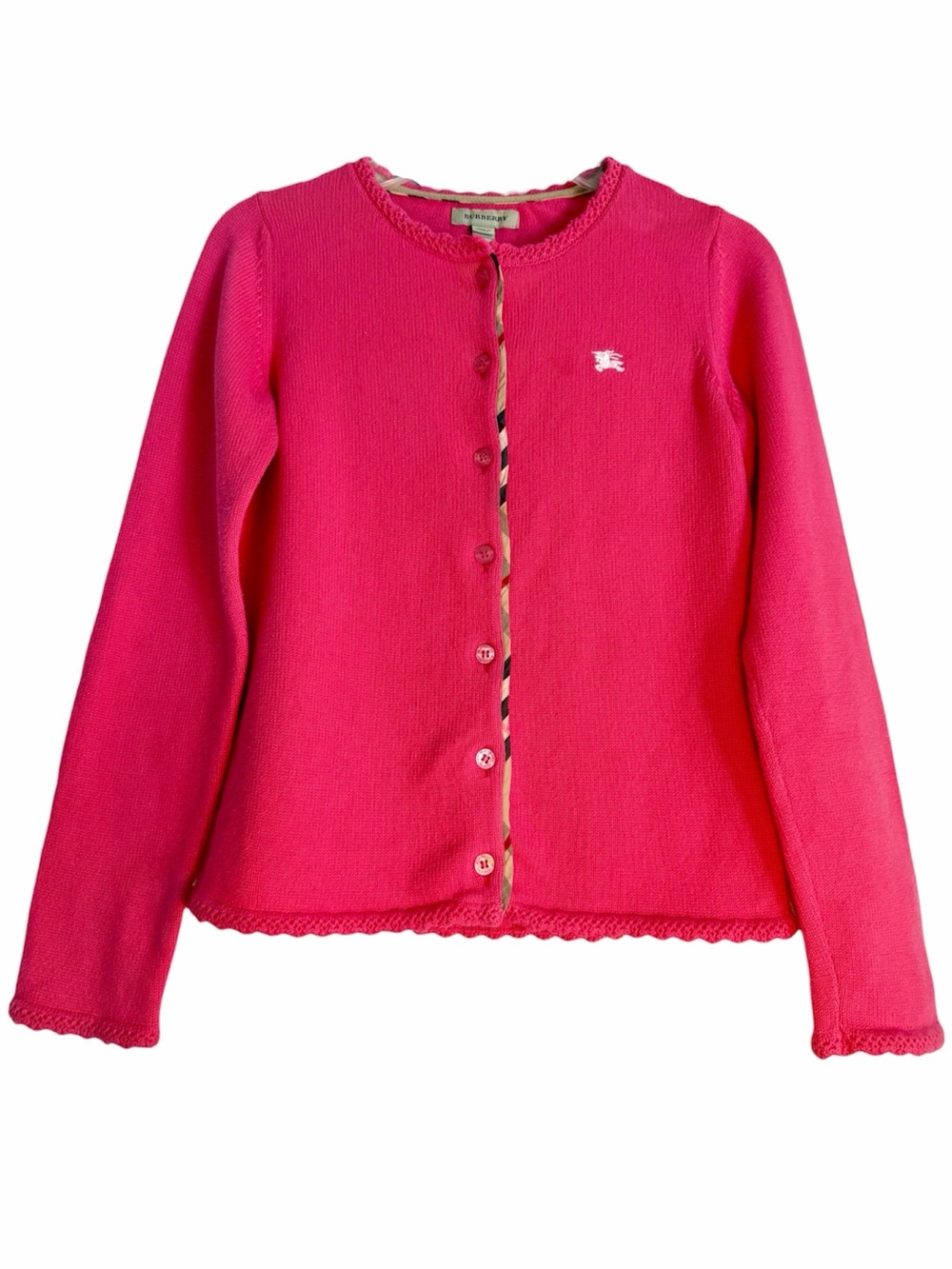 Burberry Girls Cardigan Sweater Pink Signature Plaid Accents Sz 10Y / 140cm